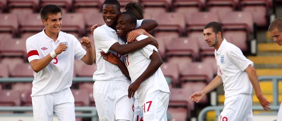 England U17s celebrate Saida Berahino's goal against Turkey.